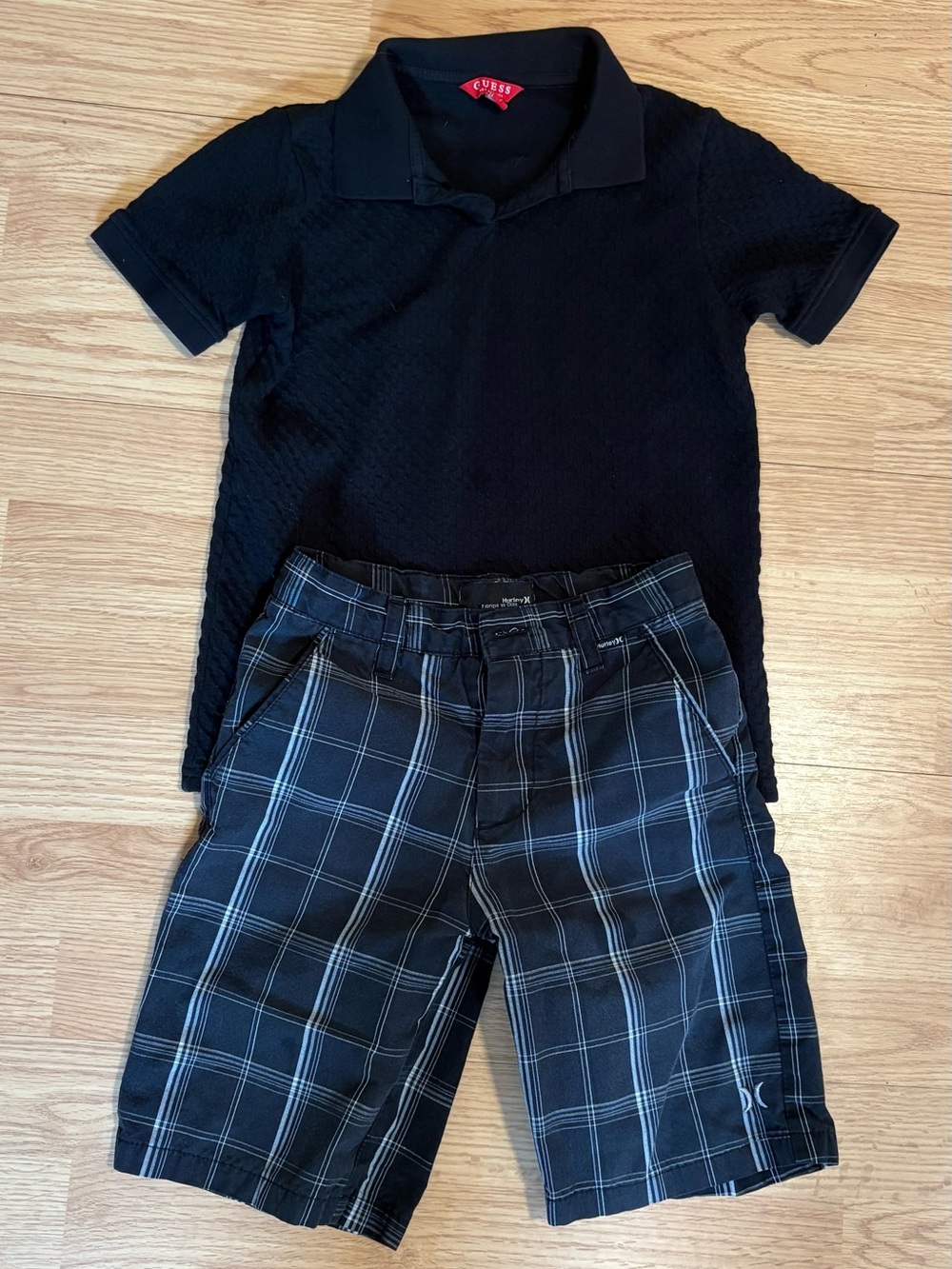 Guess Kids Black Polo and Hurley Black Plaid Shorts Set